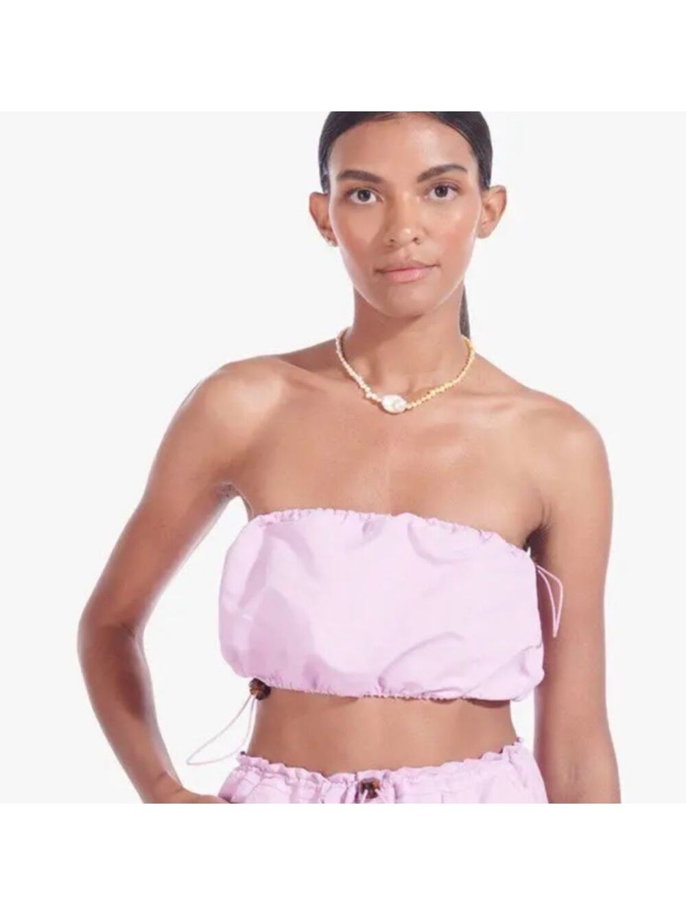 NWT STAUD Lavendar Gigi Strapless Top Nylon Sz L Drawstring Bandeau Crop